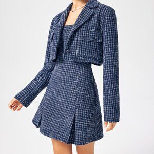 Tweed Sleeveless Split Dress with Tweed Notched Collar Long Sleeve Crop Blazer